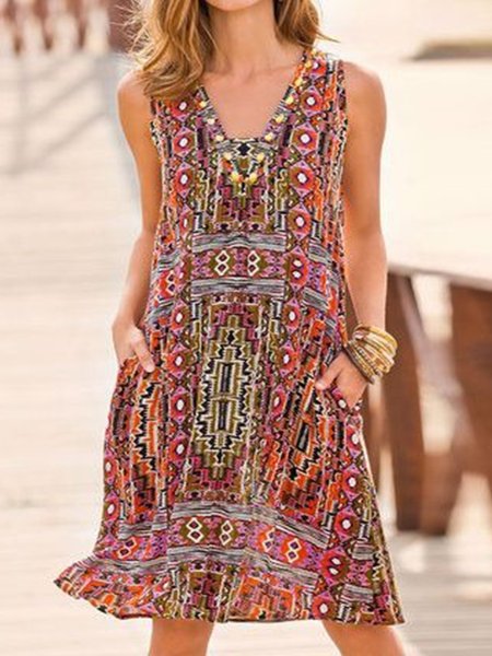 

Boho Sleeveless Tribal Geometric Printed V Neck Plus Size Casual Dresses, Multicolor, Mini Dresses