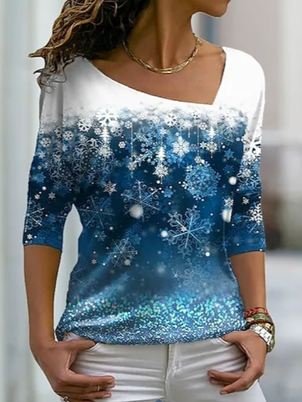 Cotton Blends Asymmetrical Neck Shirts & Blouses, Blue, Shirts & Blouses