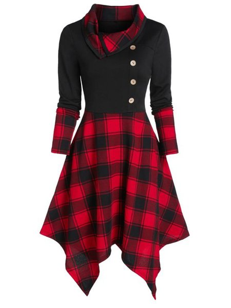 

Casual Cowl neck Checked/Plaid Long Sleeve Dresses, As picture, Mini Dresses