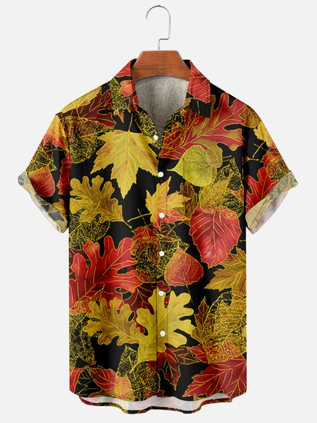 

Mens Tropical Leaves Print Casual Breathable Short Sleeve Hawaiian Shirts, Black, Men's Floral shirt