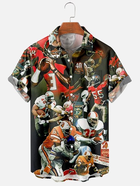 

Mens NFL Football Print Casual Breathable Chest Pocket Short Sleeve Hawaiian Shirts, Black, Men's Floral shirt