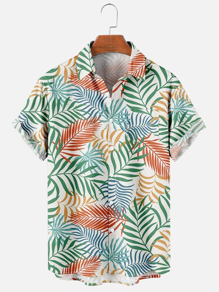

Yellow Stripe Print leisure breathable chest pocket Hawaiian shirt with short sleeves, White, Men's Floral shirt