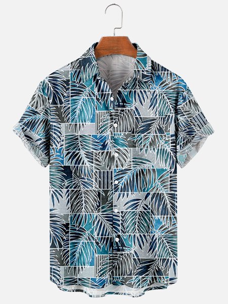 

Mens Tropical Leaves Print Casual Breathable Chest Pocket Short Sleeve Hawaiian Shirts, Blue, Men's Floral shirt