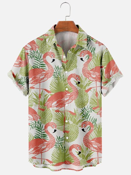 

Mens Tropical Flamingo Print Casual Breathable Chest Pocket Short Sleeve Hawaiian Shirts, Green, Men's Floral shirt
