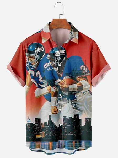 

Mens New York Giant Super Bowl Rubry Football Print Casual Breathable Chest Pocket Short Sleeve Hawaiian Shirts, Red, Men's Floral shirt