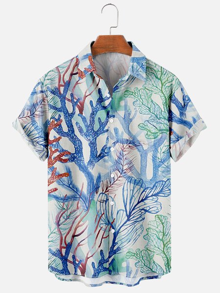 

Mens Tropical Leaves Print Casual Breathable Chest Pocket Short Sleeve Hawaiian Shirts, Blue, Men's Floral shirt