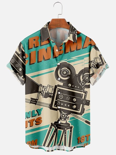 

Mens Vintage Camera Print Casual Breathable Chest Pocket Short Sleeve Hawaiian Shirts, Blue, Men's Floral shirt