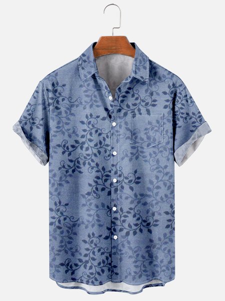 

Mens Retro Leaves Print Casual Breathable Chest Pocket Short Sleeve Hawaiian Shirts, Blue, Men's Floral shirt