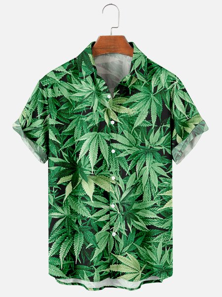 

Mens Cannabis Leaf Print Casual Breathable Chest Pocket Short Sleeve Hawaiian Shirts, Green, Men's Floral shirt