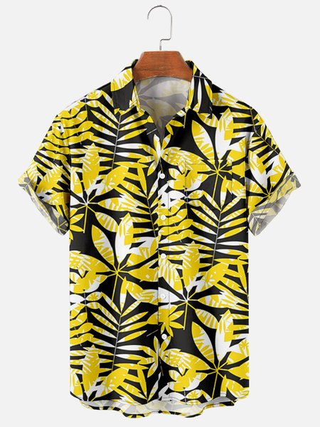 

Mens Tropical Leaves Print Casual Breathable Chest Pocket Short Sleeve Hawaiian Shirts, Yellow, Men's Floral shirt