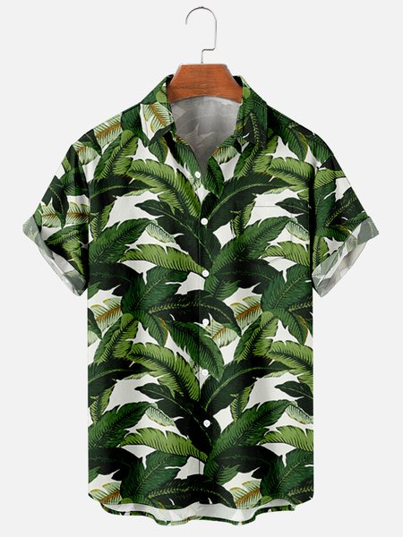 

Mens Palm Leaves Hopping Emerald Print Casual Breathable Chest Pocket Short Sleeve Hawaiian Shirts, Green, Shirts ＆ Blouse