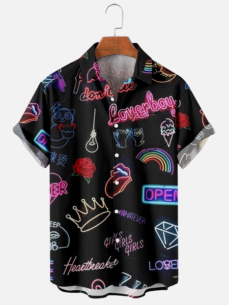 

Mens Rock Roll Punk Music Print Casual Breathable Short Sleeve Hawaiian Shirts, Black, Men's Floral shirt