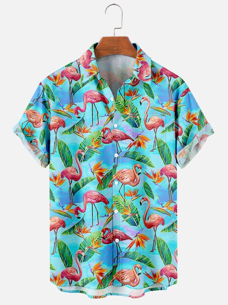 

Mens Tropical Flamingo Print Casual Breathable Chest Pocket Short Sleeve Hawaiian Shirts, Blue, Men's Floral shirt