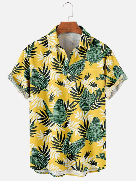 

Mens Tropical Leaves Print Casual Breathable Chest Pocket Short Sleeve Hawaiian Shirts, Yellow, Men's Floral shirt