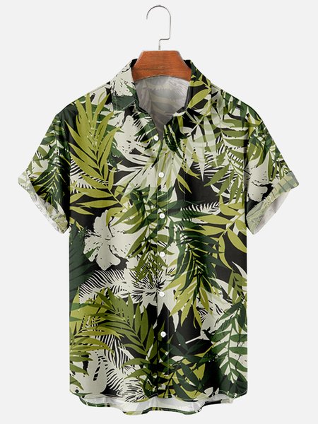 

Mens Tropical Leaves Print Casual Breathable Chest Pocket Short Sleeve Hawaiian Shirts, Green, Men's Floral shirt