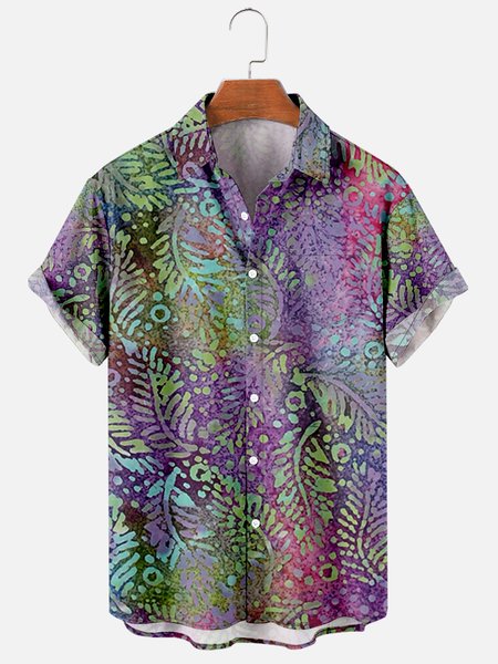 

Mens Tropical Leaves Print Casual Breathable Short Sleeve Hawaiian Shirts, Purple, Shirts ＆ Blouse