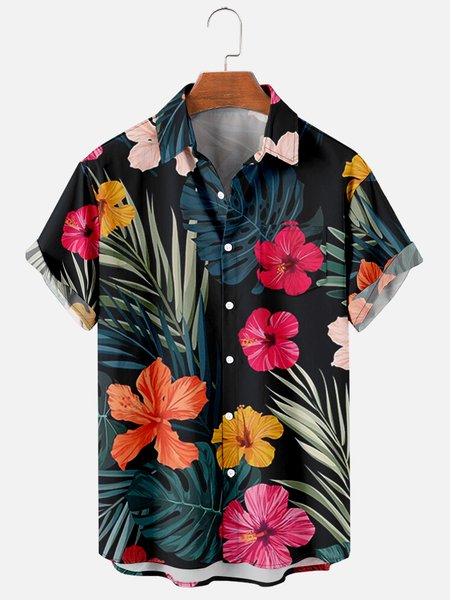

Mens Tropical Floral Print Casual Breathable Chest Pocket Short Sleeve Hawaiian Shirts, Black, Men's Floral shirt