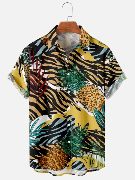 

Mens Tropical Pineapple Leaves Print Casual Breathable Short Sleeve Hawaiian Shirts, Yellow, Men's Floral shirt