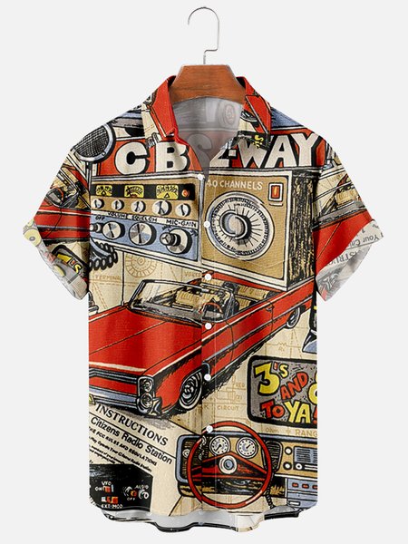 

Mens Vintage Cars Print Casual Breathable Chest Pocket Short Sleeve Hawaiian Shirts, Red, Men's Floral shirt