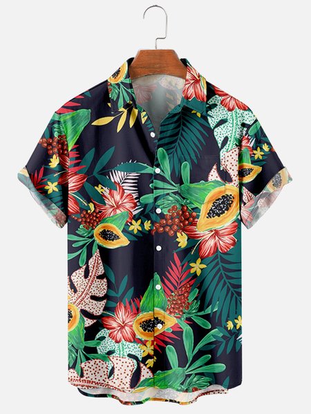 

Mens Tropical Leaves Fruits Print Casual Breathable Short Sleeve Hawaiian Shirts, Blue, Men's Floral shirt