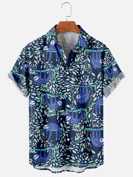 

Mens Tropical Leaves Print Casual Breathable Chest Pocket Short Sleeve Hawaiian Shirts, Blue, Men's Floral shirt