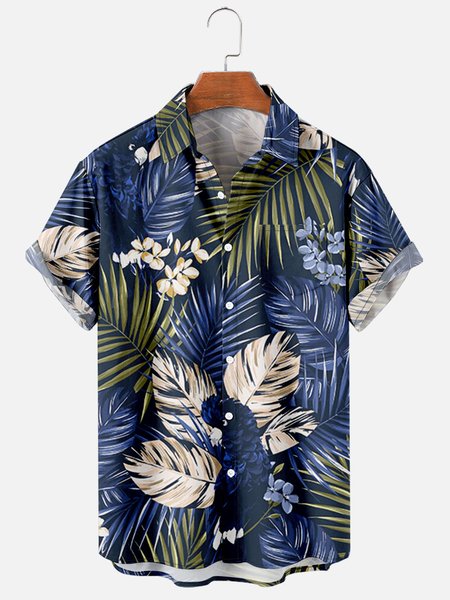 

Mens Tropical Leaves Print Casual Breathable Chest Pocket Short Sleeve Hawaiian Shirts, Blue, Shirts ＆ Blouse