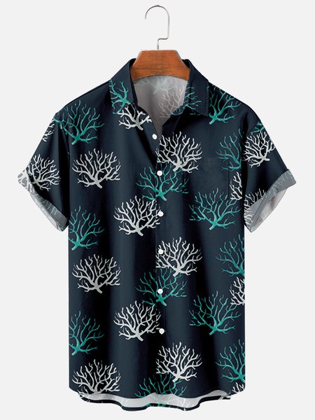 

Mens Isabella Coral Print Casual Breathable Chest Pocket Short Sleeve Hawaiian Shirts, Navy blue, Men's Floral shirt