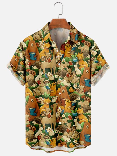 

Mens Animals Print Casual Breathable Short Sleeve Hawaiian Shirts, Brown, Men's Floral shirt