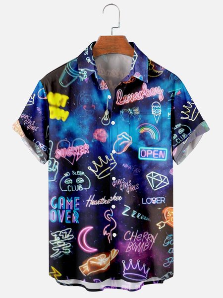 

Mens Rock Roll Punk Hippie Print Casual Breathable Chest Pocket Short Sleeve Hawaiian Shirts, Black, Men's Floral shirt