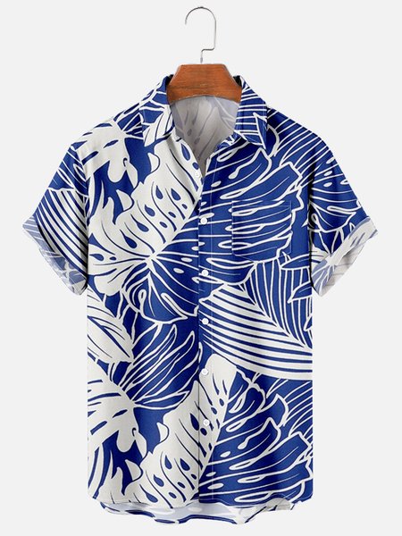 

Mens Leaf Reef Sailor Print Casual Breathable Chest Pocket Short Sleeve Hawaiian Shirts, Blue, Men's Floral shirt