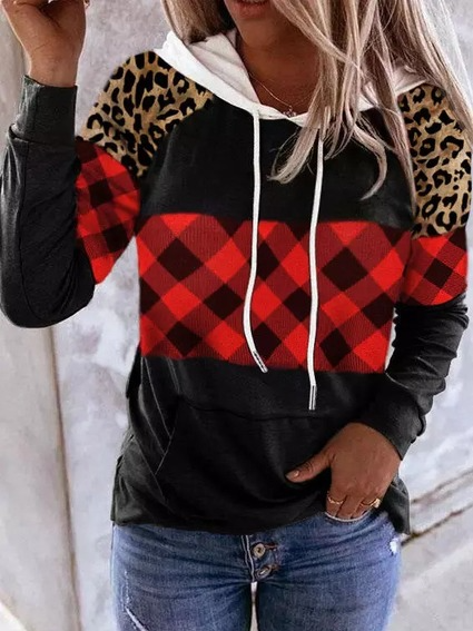 

Casual loose check and leopard print sweatshirt, Black, Sweatshirts & Hoodies
