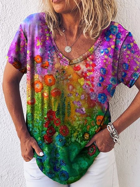 

Casual Short Sleeve V Neck Plus Size Printed Tops T-shirts, Multicolor, T-Shirts