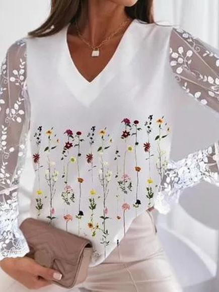 

Loosen V Neck Floral Shirts & Tops, White, Long sleeve tops