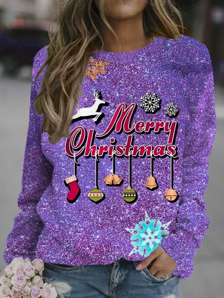 

Christmas print round neck long-sleeved sweatshirt, Purple, Hoodies&Sweatshirts