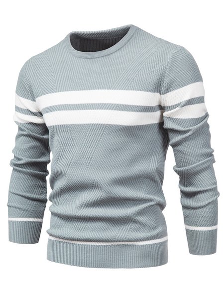

Men's Round Neck Long Sleeve Striped Sweater, Blue, Sweater