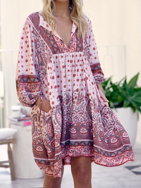 

Floral V Neck Loosen Dresses, Dark pink, Mini Dresses