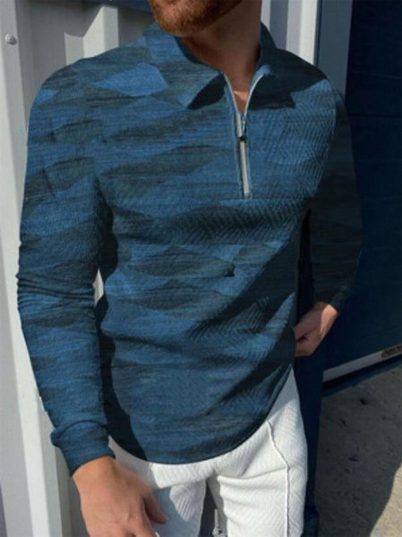 

Men's Abstract Mountain Print Casual Polo Shirt, Blue, polo