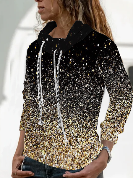 

New long sleeve pile neck high neck geometric gradient shiny print top T-shirt for women, Black, Long sleeve tops