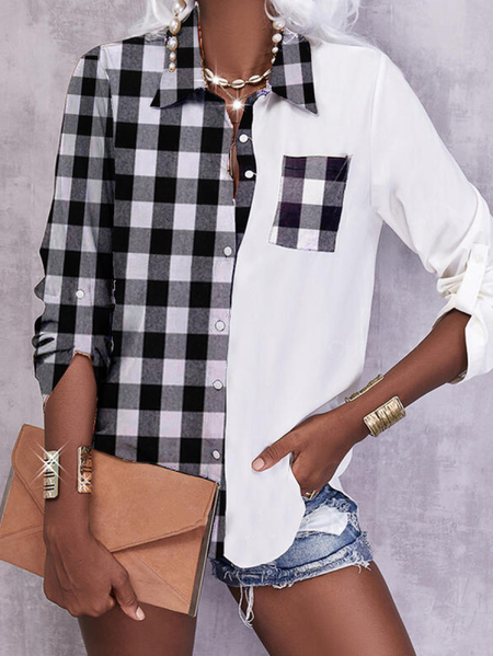 

Fashion Plaid Patchwork Long-Sleeved Casual Shirt, White, Shirts & Blouses