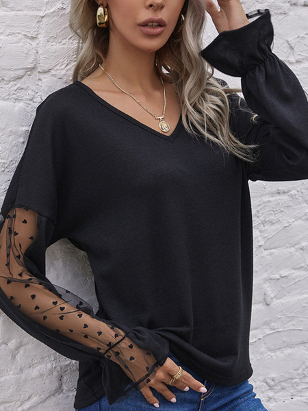 

Vintage Plain Casual Elegant Loosen Shirts & Tops, Black, Long sleeve tops