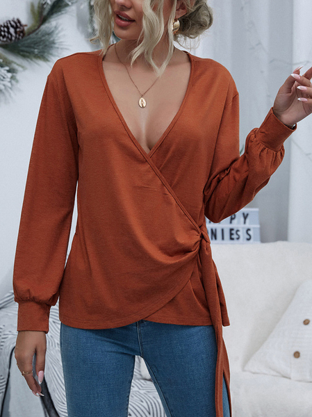 

Plain Casual Elegant Shirts & Tops, Rust, Long sleeve tops