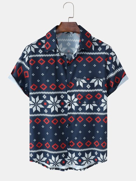 

Mens Christmas Snowflake Print Lapel Button Casual Short Sleeve Hawaiian Shirts, Blue, Men's Floral shirt