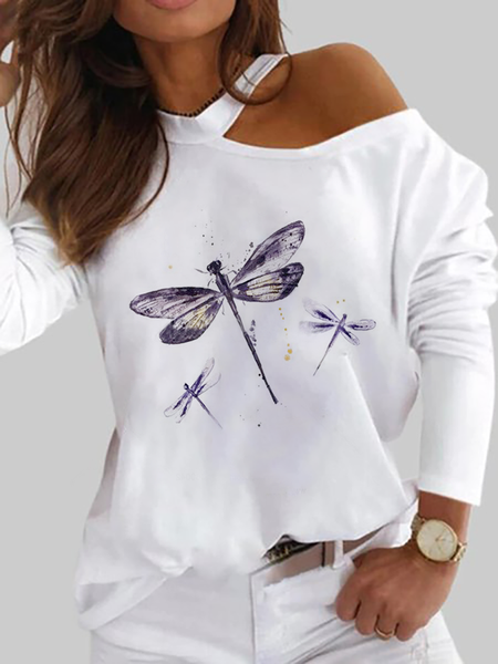 

Plus size Dragonfly Printed Casual Shirts & Tops, White, T-Shirts
