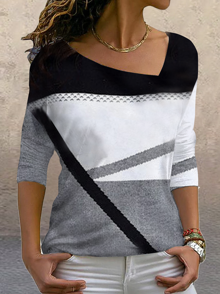 

New long sleeve asymmetric collar geometric print top T-shirt for women, Black-white, Long sleeve tops