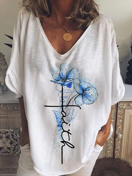 

Regular Fit Cotton Blends Floral Casual Short sleeve Shirts & Tops, White, Tees & T-shirts