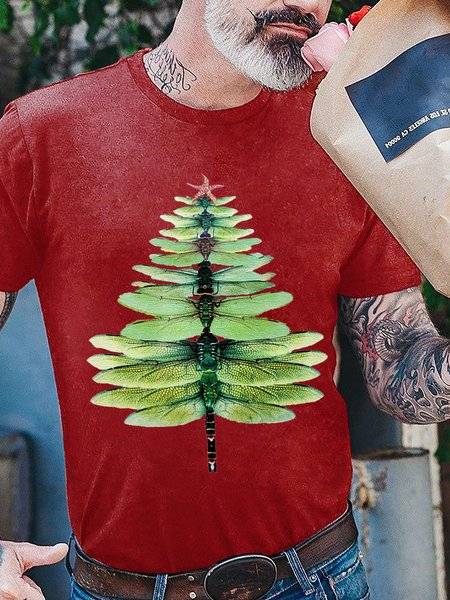 

Dragonfly Christmas Xmas Tree Graphic Casual Crew Neck Tshirts, Red, T-shirts