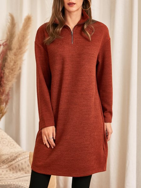 

Loosen Stand Collar Cotton Blends Dresses, Brick red, Casual Dresses