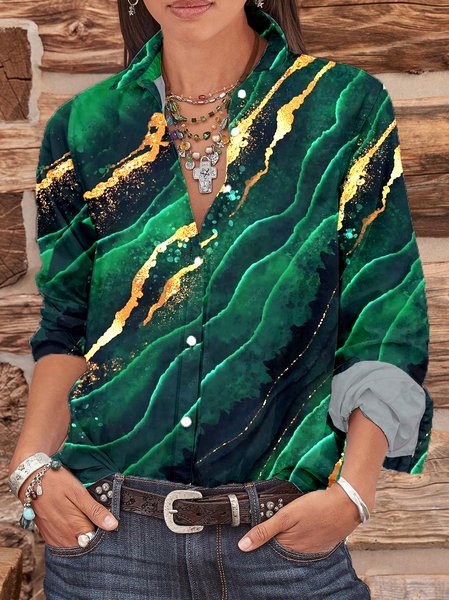 

Loosen Cotton Blends Shirt Collar Shirts & Tops, Green, Shirts & Blouses