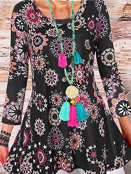 

Tribal Printed Vintage Long Sleeves Casual Tops, Deep blue, Tops