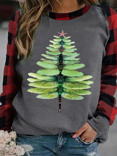 Dragonfly Xmas Christmas Tree Crew Neck Animal Casual Sweatshirt, Gray, Hoodies&Sweatshirts